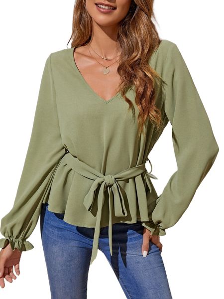 v neck belted blouse 56jc#, White
v neck belted blouse 56jc#, White