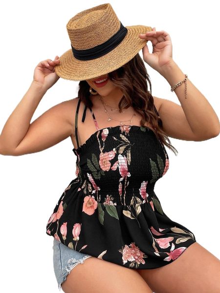 plus floral print knot shoulder shirred bodice cami k8kd#, Black 
plus floral print knot shoulder shirred bodice cami k8kd#, Black