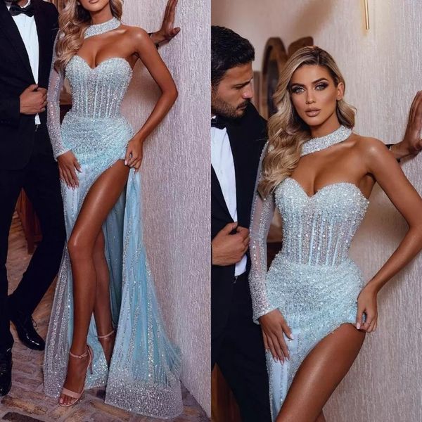 dusty blue beading prom dresses high neck one shoulder crystal party dress side split evening gowns, Black
dusty blue beading prom dresses high neck one shoulder crystal party dress side split evening gowns, Black