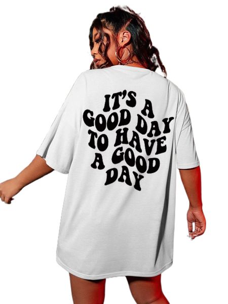 plus slogan graphic drop shoulder oversized tee a7aj#, Black