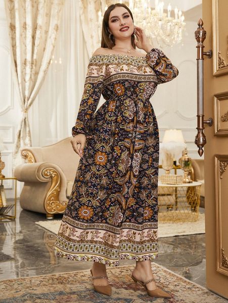 plus floral & paisley print off shoulder lantern sleeve dress without belt 98sp#, Black
plus floral & paisley print off shoulder lantern sleeve dress without belt 98sp#, Black