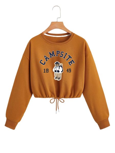 cartoon bear & letter print drawstring hem thermal lined sweatshirt c7e4#, Black