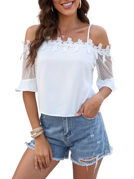 lace trim swiss dot insert cold shoulder r8wb#, White