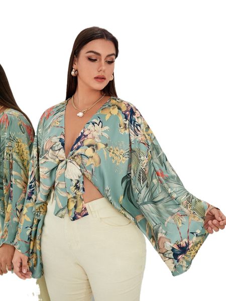 plus plant print knot front kimono y8ib#, Black;gray
plus plant print knot front kimono y8ib#, Black;gray