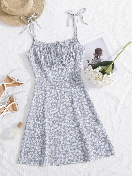 ditsy floral print knot front cami dress h5bv#, Black;gray