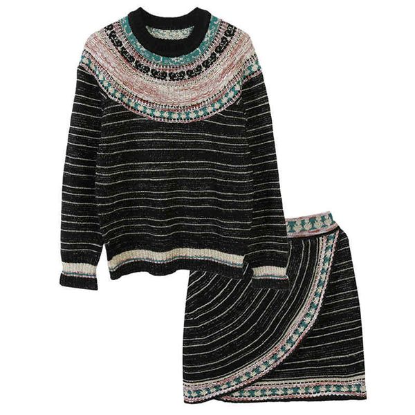 two piece dress autumn and winter women's round neck color contrast gold thread stripe embroidery pullover with knitted skirt oi8h, White
two piece dress autumn and winter women's round neck color contrast gold thread stripe embroidery pullover with knitted skirt oi8h, White