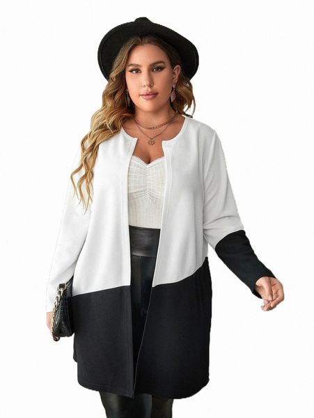 plus two tone open front coat t58l#, Black