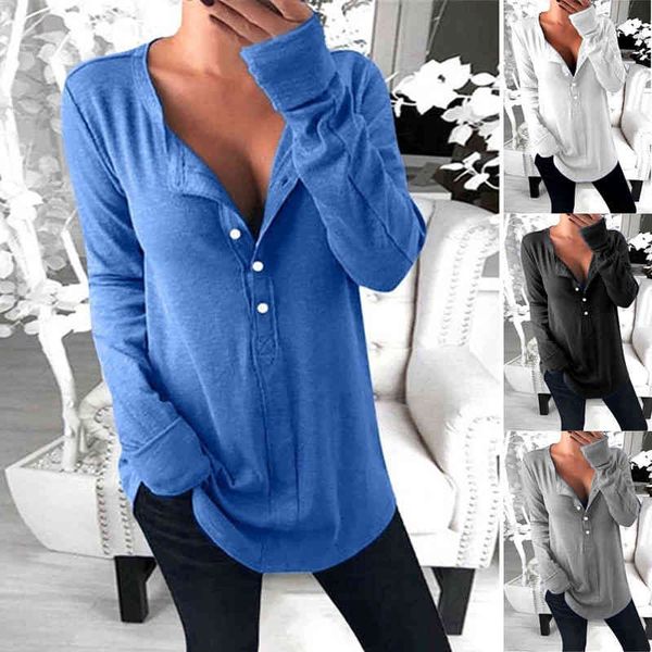 women's t-shirt fashion long sleeve t-shirt v-neck solid button in autumn and winter of i3tx, White
women's t-shirt fashion long sleeve t-shirt v-neck solid button in autumn and winter of i3tx, White