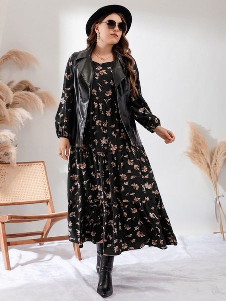 plus floral print lantern sleeve ruffle hem dress without pu leather vest jacket h8se#, Black
plus floral print lantern sleeve ruffle hem dress without pu leather vest jacket h8se#, Black