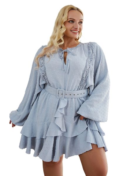 simplee plus swiss dot guipure lace panel lantern sleeve layered hem belted dress 598k#, Black
simplee plus swiss dot guipure lace panel lantern sleeve layered hem belted dress 598k#, Black