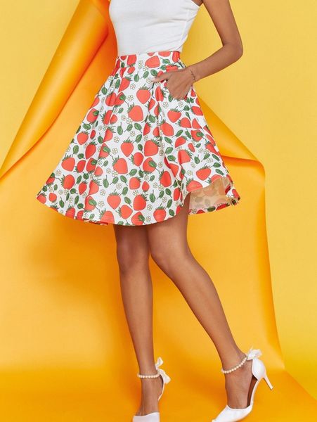 x creativewingy fruit print flared skirt e9of#, Black
x creativewingy fruit print flared skirt e9of#, Black