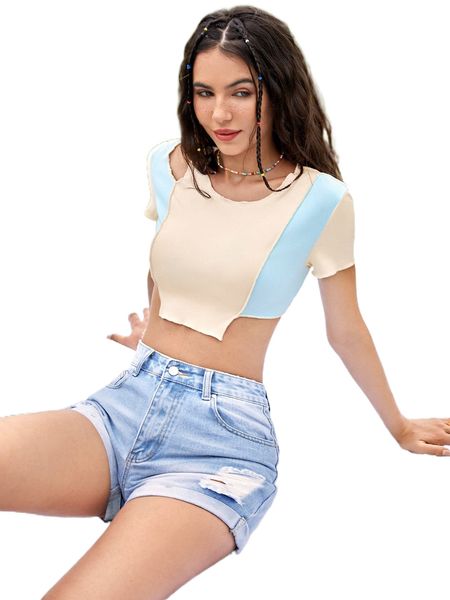 two tone asymmetrical hem crop u35o#, White