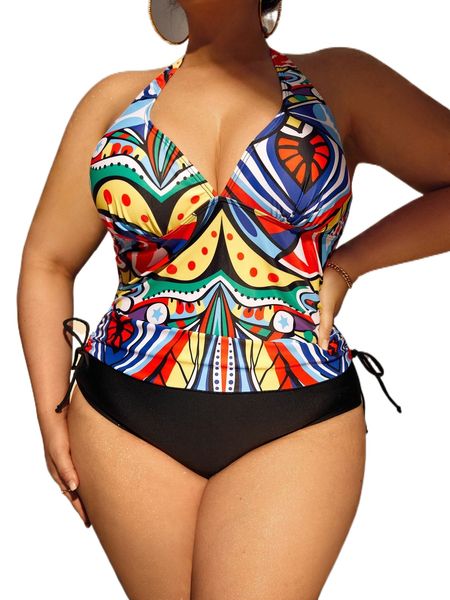 plus allover graphic print drawstring bikini swimsuit j0ve#, White;black 
plus allover graphic print drawstring bikini swimsuit j0ve#, White;black