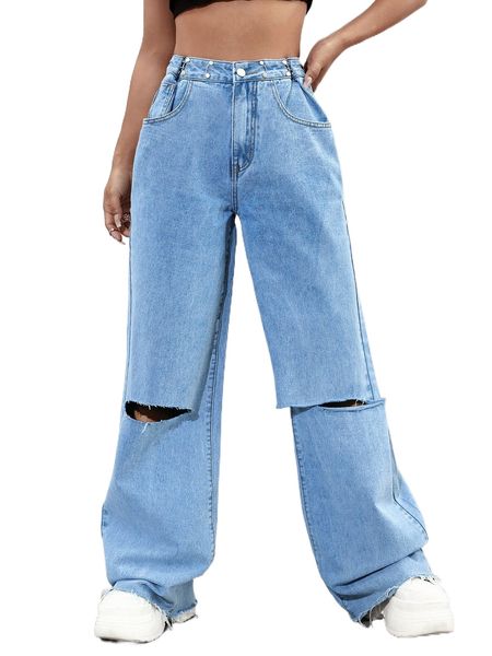 washed cutout wide leg jeans g8kp#, Blue 
washed cutout wide leg jeans g8kp#, Blue