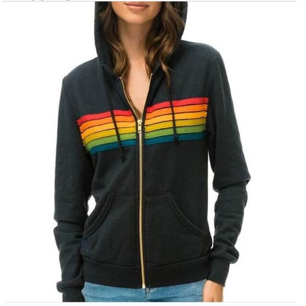 women's hoodies sweatshirts autumn fashion zip-up jacket rainbow stripe splicing, Black
women's hoodies sweatshirts autumn fashion zip-up jacket rainbow stripe splicing, Black