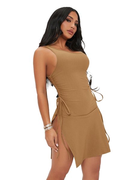 sxy drawstring ruched split hem dress a8y5#, Black;gray
sxy drawstring ruched split hem dress a8y5#, Black;gray