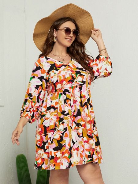plus v-neck allover floral dress p5lk#, Black