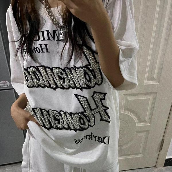 women's t-shirt american niche pearl design printing process short sleeved t shirt loose high street hip hop trend omen's, White