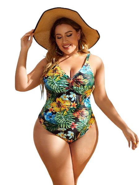plus tropical print ruched cut out back one piece swimsuit b0n3#, White;black