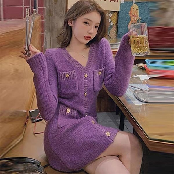 korean autumn women knitted small fragrance purple single breasted ladies elegant dress sweet slim sweater dress vestidos robe 220817, Black;gray
korean autumn women knitted small fragrance purple single breasted ladies elegant dress sweet slim sweater dress vestidos robe 220817, Black;gray