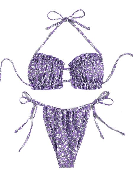 ditsy floral frill trim halter bikini swimsuit 88x1#, White;black
ditsy floral frill trim halter bikini swimsuit 88x1#, White;black