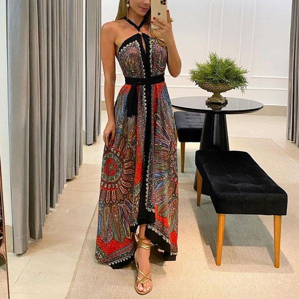 summer women brach dresses bohemian sleeveless open back long halter scarf print high slit maxi dress for holiday, Black;gray
summer women brach dresses bohemian sleeveless open back long halter scarf print high slit maxi dress for holiday, Black;gray