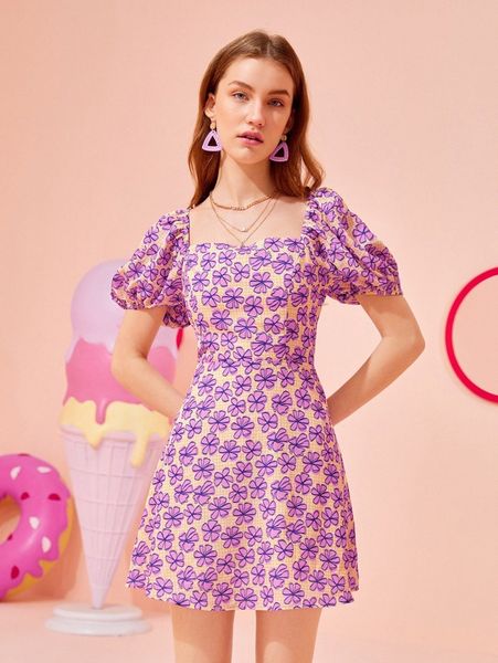 x emily vidovich allover floral print puff sleeve tie backless dress x9va#, Black;gray
x emily vidovich allover floral print puff sleeve tie backless dress x9va#, Black;gray