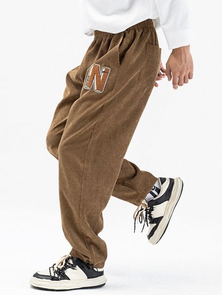 men letter patched corduroy straight leg pants s1zm#, Black
