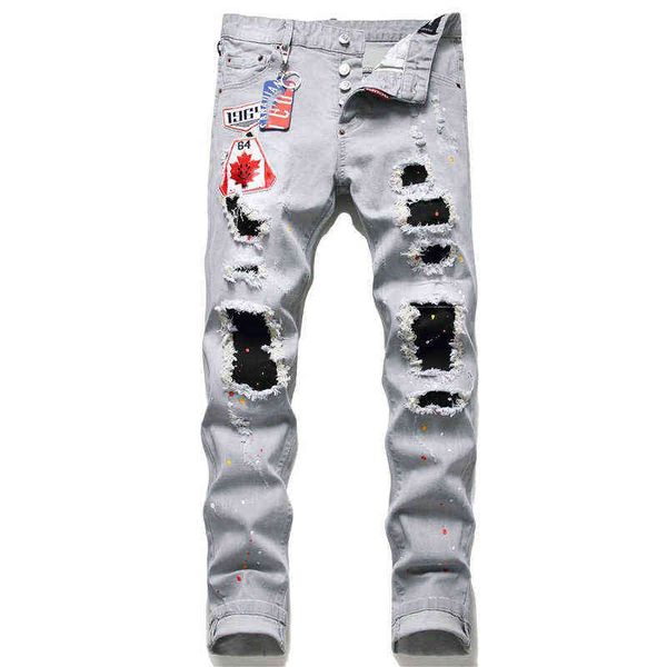 light luxury mens slim-fit gray denim pants badge decors hole patched beggar jeans stylish street fashion jeans pants x220714, Blue
light luxury mens slim-fit gray denim pants badge decors hole patched beggar jeans stylish street fashion jeans pants x220714, Blue