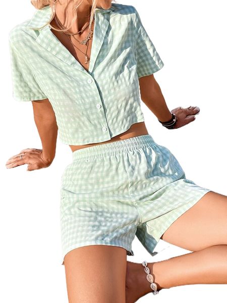 gingham print crop blouse with shorts z9d2#, White
gingham print crop blouse with shorts z9d2#, White