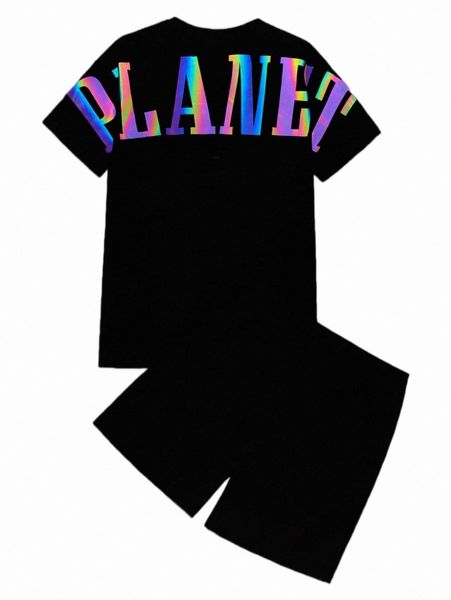 men reflective letter graphic tee & shorts m9w6#, Gray