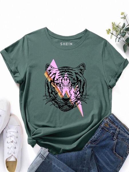 tiger & lightning print tee o97m#, White
