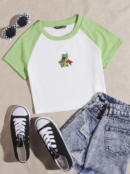 dinosaur embroidery colorblock tee o7go#, White 
dinosaur embroidery colorblock tee o7go#, White