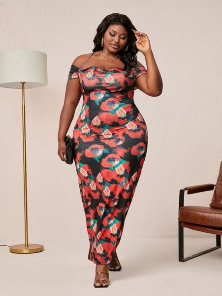 sxy plus allover print cold shoulder criss cross split back dress i2as#, Black
sxy plus allover print cold shoulder criss cross split back dress i2as#, Black