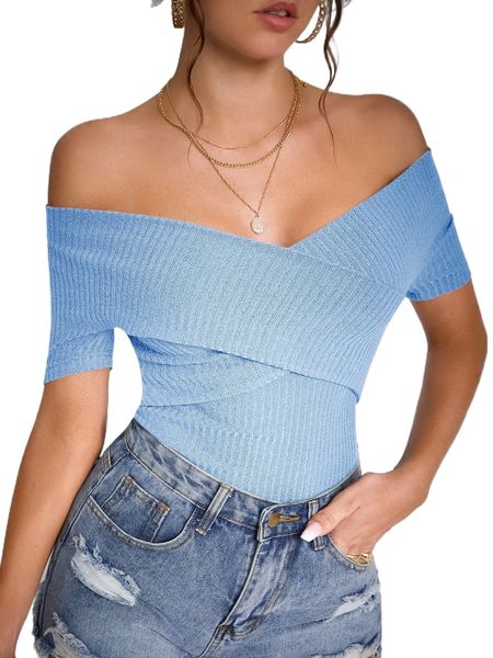 tall solid off the shoulder ribbed knit tee y3hn#, White