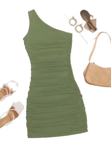 one shoulder ruched bodycon dress i4e7#, Black;gray
