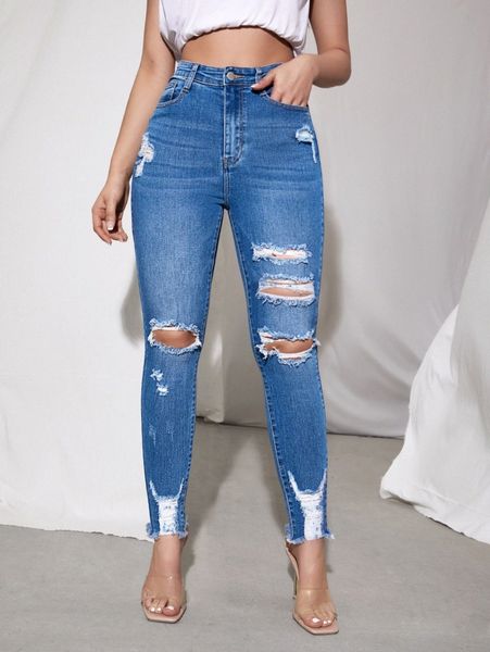 ripped raw hem skinny jeans d8zt#, Blue