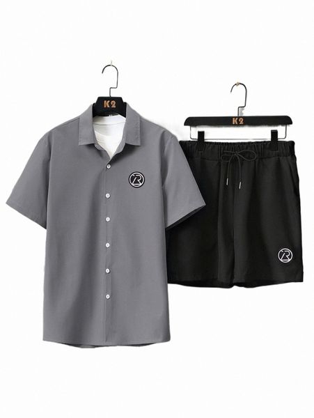 men letter patched shirt with drawstring waist shorts without tee 36o6#, Gray
men letter patched shirt with drawstring waist shorts without tee 36o6#, Gray
