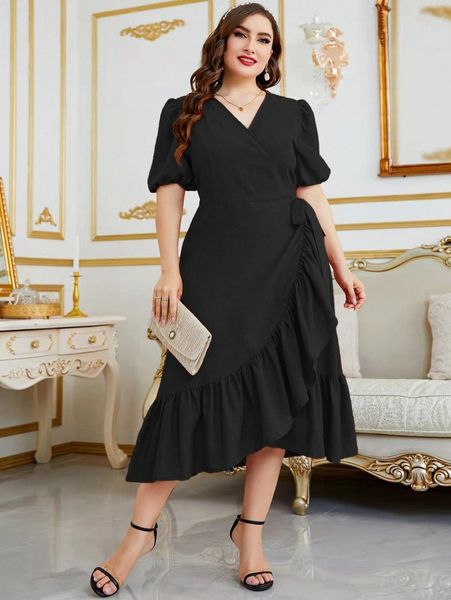 plus puff sleeve ruffle trim tie side wrap dress v6iy#, Black