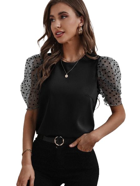 dobby mesh puff sleeve blouse s0hp#, White