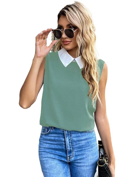 contrast collar sleeveless blouse 16sd#, White