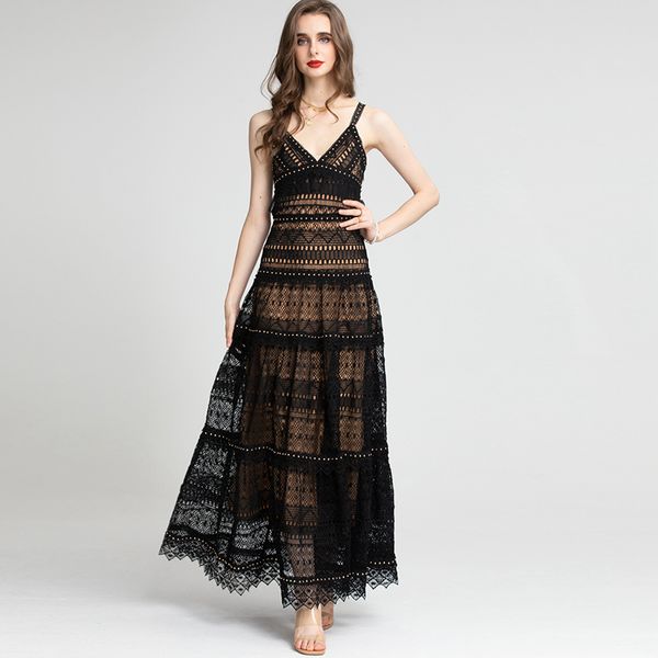 women's runway dress v neck spaghetti straps embroidery tiered high street fashion long party prom, Black
women's runway dress v neck spaghetti straps embroidery tiered high street fashion long party prom, Black