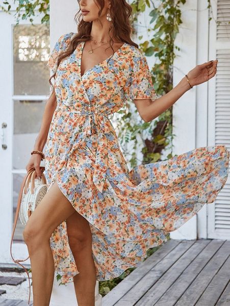 floral print flutter sleeve ruffle hem belted dress b16g#, Black;gray
floral print flutter sleeve ruffle hem belted dress b16g#, Black;gray