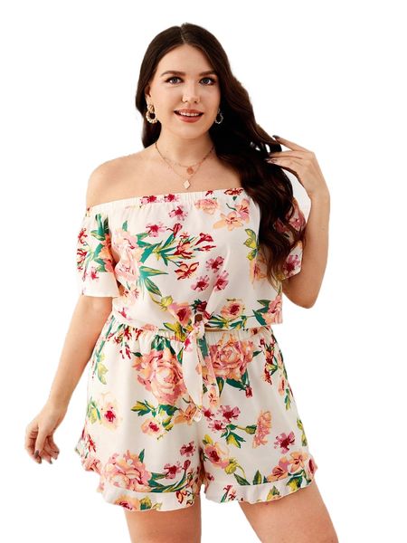 plus floral print off shoulder knot front & shorts e9ax#, Black
