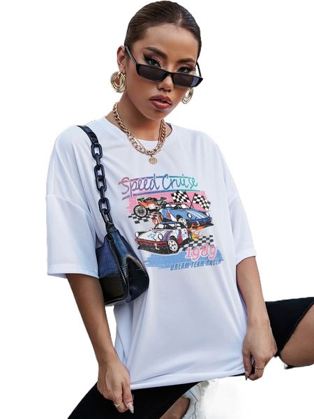 car & letter graphic drop shoulder tee r5iz#, White