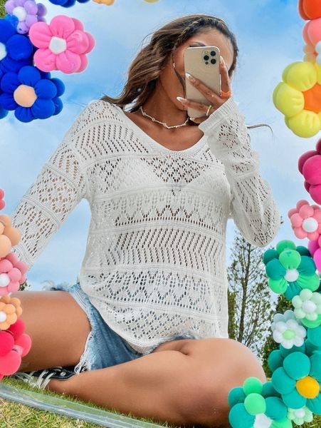 pointelle knit drop shoulder sweater p2te#, White;black