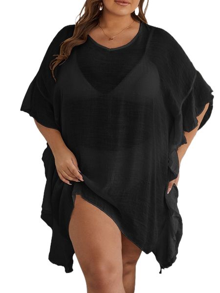 plus ruffle trim batwing sleeve cover up dress without bikini q3vh#, Black