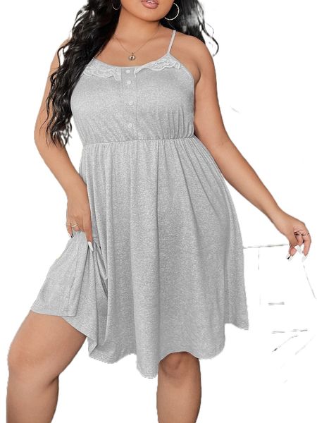 plus lace trim fake button front cami nightdress o4u7#, Black;white
plus lace trim fake button front cami nightdress o4u7#, Black;white