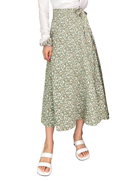 dazy ditsy floral wrap knot side skirt 8077#, Black