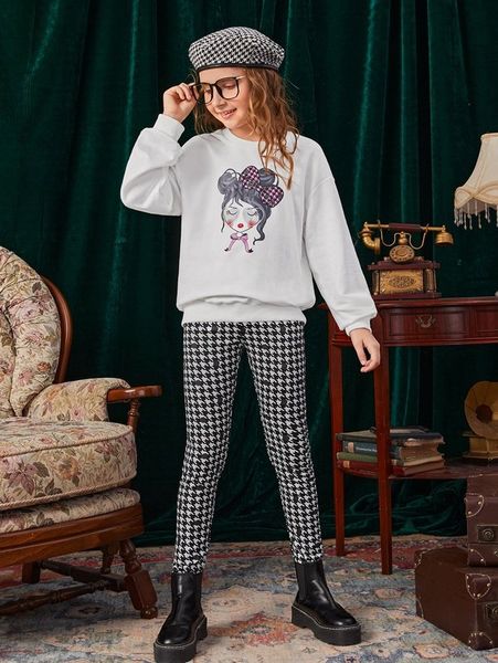 girls figure graphic drop shoulder pullover & polka dot and houndstooth print leggings she, White
girls figure graphic drop shoulder pullover & polka dot and houndstooth print leggings she, White
